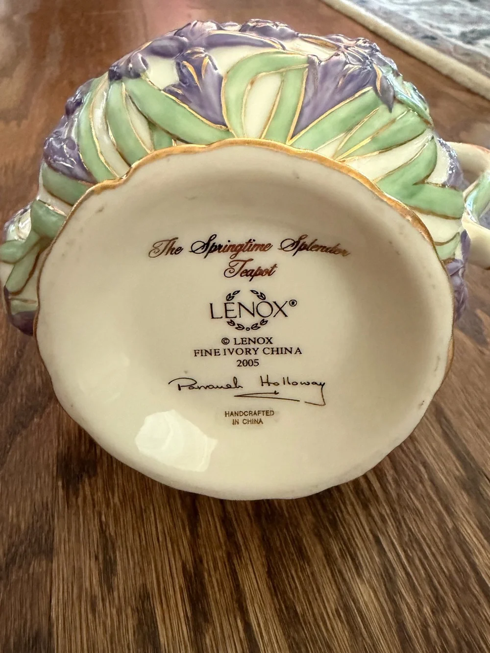 Lenox White Porcelain Springtime Splendor Teapot with Purple Iris and Gold Trim